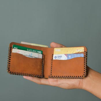 A hand holds an open leather wallet filled with various credit cards and IDs on a neutral background.